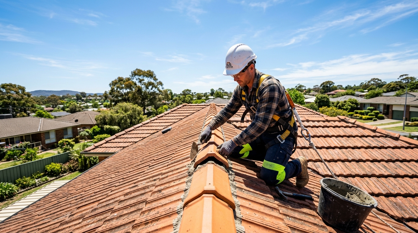 Professional roofer repairing terracotta roof tiles and ridge capping