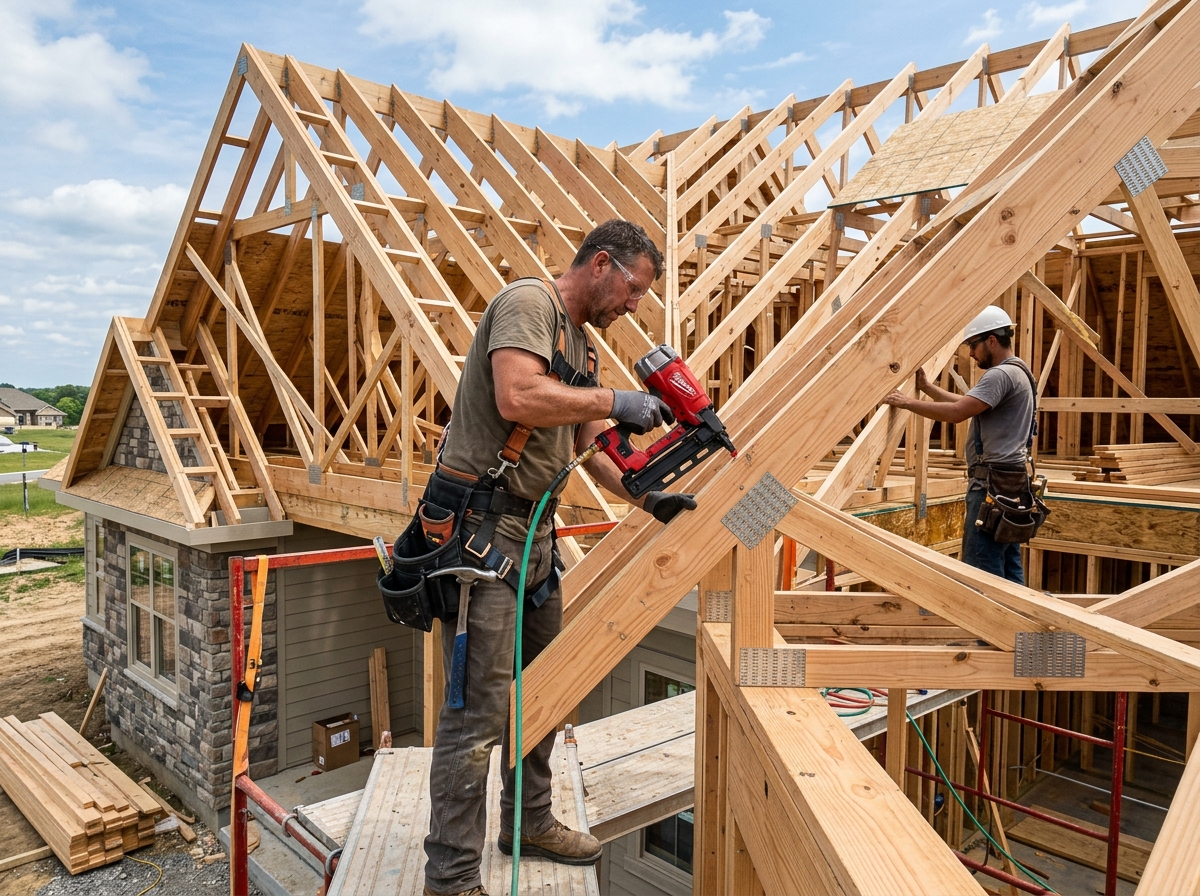 Roof carpenters installing structural timber trusses, rafters and framing