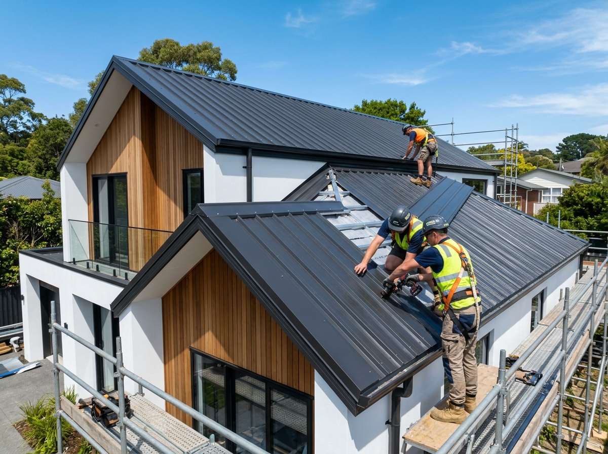 Tradespeople installing a brand new modern Colorbond metal roof