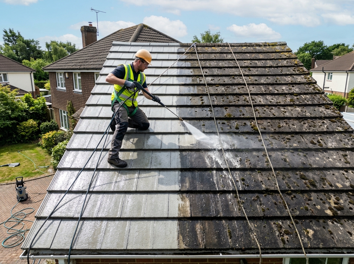 Roof restoration with high pressure tile cleaning and protective coating